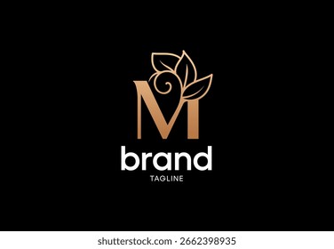 An elegant and luxurious logo design featuring a stylized letter 'M' intertwined with golden leaves, perfect for beauty, spa, or organic brands.