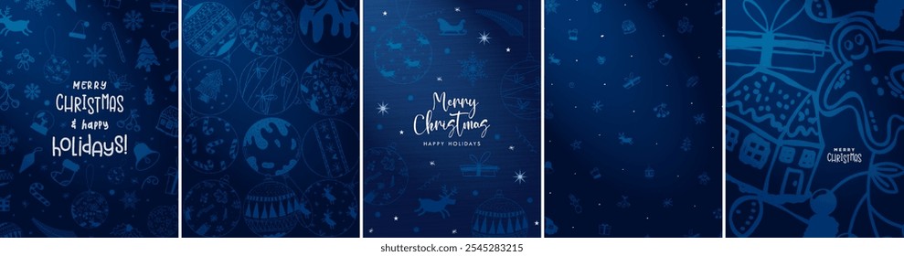 Elegant and Luxurious Monochromatic Blue Merry Christmas Greeting Cards and Poster design templates. Hand drawn christmas ornaments doodle illustrations. Winter Xmas Season design for backgrounds. 