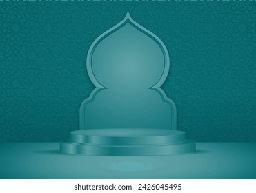 Elegant and luxurious podium, islamic stage on green background, suitable for product presentation for banners flyers and social media of islamic holidays, vector eps 10