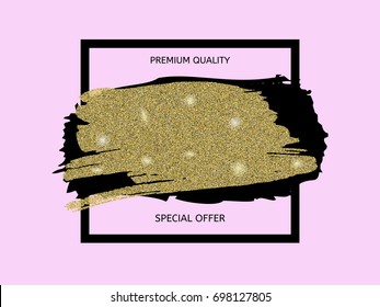 Elegant luxurious premium quality special offer vector banner or minimal poster template. Golden sparkles and glitter on a pink background and a black frame. Rich exclusive modern simple sale ad.