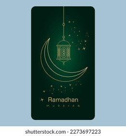Elegant and luxurious  Ramadan greeting background template for mobile interface wallpaper design smart phones, devices. with golden crescent, stars and lantern in line art style. Vector Illustration