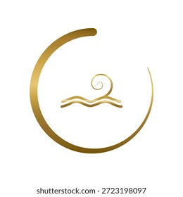 Un diseño de logotipo de Vector elegante y lujoso con Elementos dorados abstractos. Muestra una composición fluida con un arco circular parcial, líneas onduladas elegantes que simbolizan el agua o el flujo, y una delicada espiral que representa el aire, el viento o la energía natural. Este sofisticado gráfico es ideal para la marca relacionada con el bienestar, spa, productos de belleza, resorts, hoteles, iniciativas ambientales o cualquier negocio premium que busca una estética armoniosa y moderna.