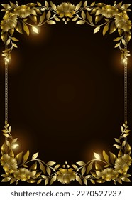 Elegant and luxuriously carved flowers and leaves form a regal gold frame on a dark red background with free space for copy text, EPS10 vector illustration