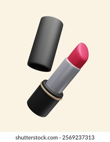 Elegant luxury 3D lipstick advertising vector design element. Red lipstick makeup fashion beauty cosmetic product. Black lip gloss package with golden ring. Open moisturizing lip balm 3d render.