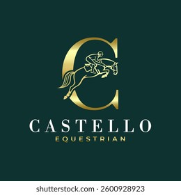 Elegant luxury abstract letter C monogram horse jumping logo, letter C horse logo, show jumping horse logo, logo type, typography.
