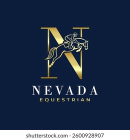 Elegant luxury abstract letter N monogram horse jumping logo, letter N horse logo, show jumping horse logo, logo type, typography