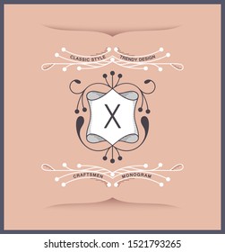 Elegant luxury antique coat of arms. Laconic twirl style. Vector linear design