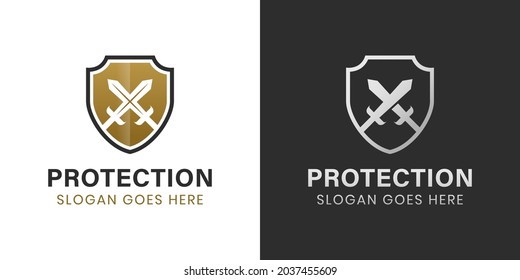 elegant and luxury armor Shield and sword logo design two versions