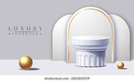 Elegant luxury background with classical column podium, golden spheres, and arched backdrop with gold details on soft gray gradient background. Concept of premium product display. Vector illustration