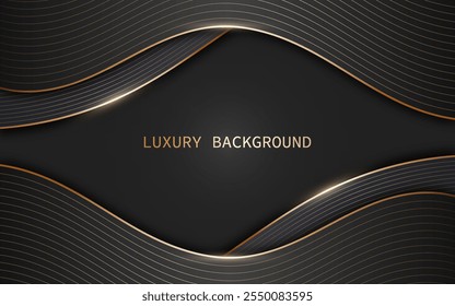 Elegant luxury background curved shapes in black with golden line elements. Vector illustration