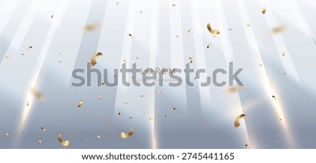 Elegant luxury background featuring soft white gradient with vertical light rays and floating golden confetti pieces. Vector illustration