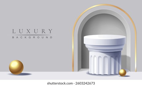 Elegant luxury background with a white classical column pedestal, golden arch, and decorative spheres on a light gray background. Concept of sophistication and prestige. Vector illustration