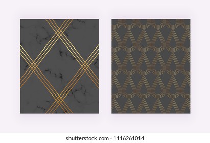 Elegant luxury black backgrounds with golden lines, marble texture, geometric shapes. Modern cover for banner, layout, invitation, placard, brochure, card, flyer, website, social media
