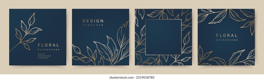 Elegante fondo azul de lujo con patrón de flores de oro dibujado a mano. Marco floral. Plantillas de Vector para el correo de las redes sociales, invitación de la boda, tarjeta de felicitación, embalaje, marca, diseño