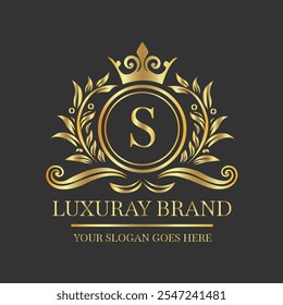 Elegant luxury brand logo with gold crown and floral motifs on dark background