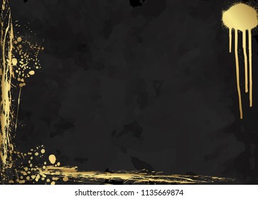 Elegant luxury brochure, card, background cover. Black and golden abstract watercolor texture. Gold paint splat frame and splash geometric decorative motifs . Dark grey Vector grunge illustration