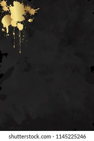 Elegant luxury brochure, card, background cover. Black and golden abstract watercolor texture. Gold paint splat frame and splash geometric decorative motifs . Dark grey Vector grunge illustration