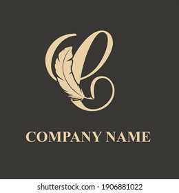 Elegant Luxury C Initial Letter with Feather for copywriter, storytelling, lawyer, story, fiction, legal logo vector design