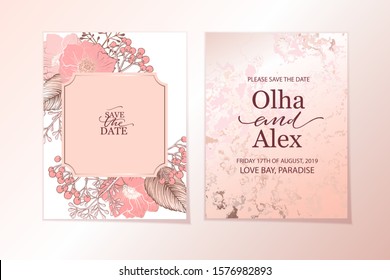 Elegant luxury card template with flowers, anemones, winter berries and rose gold marble texture. Wedding invitation, cover, brochure. 