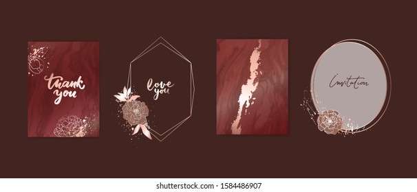 Elegant luxury card template with flowers,  peonies and marble texture. Frame design. Wedding invitation, cover, brochure. 
