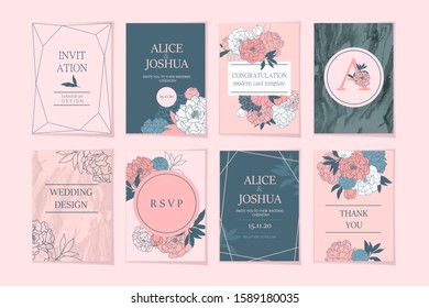 Elegant luxury card template with flowers,  peonies and marble texture. Pink and grey color design. Wedding invitation, cover, brochure. 