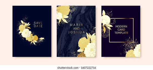 Elegant luxury card template with flowers,  peonies and marble texture. Wedding invitation, cover, brochure. 