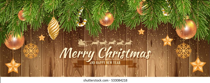 Elegant and Luxury Christmas banner template. Decorated Christmas tree on wooden background. Vector illustration.