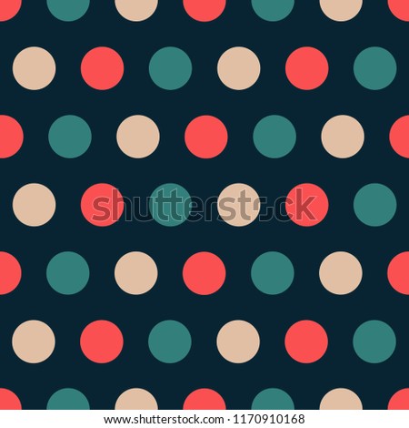 Elegant luxury colors polka dot seamless pattern. Gold, red, green on dark blue background. 