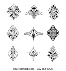  Elegant luxury Damask ornaments with decorative floral patterns. Perfect for invitations, wallpapers, and vintage designs.