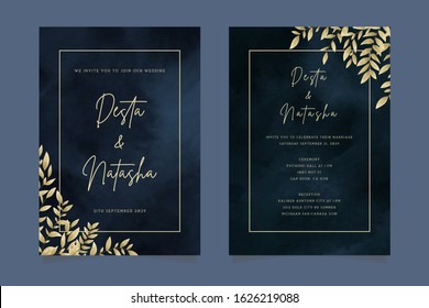 elegant luxury dark watercolor wedding invitation with golden leaves