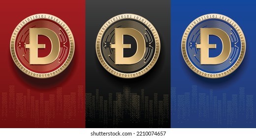 Elegant and luxury Dogecoin (DOGE) cryptocurrency coin set template. Virtual money logo symbol based on blockchain technology vector background. 
