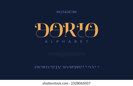 Elegante alfabeto tipo letra del logo de moda de boda abstracta dorio de lujo. Tipos de letra urbanos clásicos mínimos para logotipo, marca, etc. Tipografía tipo mayúsculas minúsculas y número. ilustración vectorial