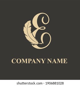 Elegant Luxury E Initial Letter with Feather for copywriter, storytelling, lawyer, story, fiction, legal logo vector design