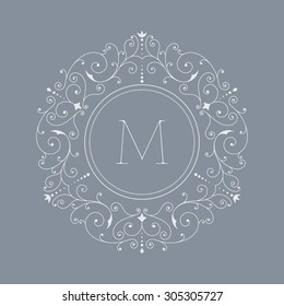 Elegant luxury floral design template with letter M. Monogram identity, business sign, logo design. Lineart vector illustration.