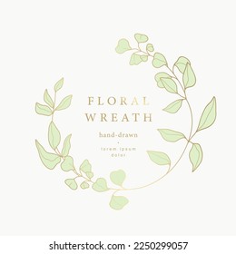 Elegant luxury floral frame. Hand drawn gold green logo template in line art with flowers. Vintage botanical wreath. Vector illustration for labels, corporate identity, wedding invitations