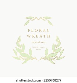Elegant luxury floral frame. Hand drawn gold green logo template in line art with flowers. Vintage botanical wreath. Vector illustration for labels, corporate identity, wedding invitations