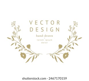 Elegante marco floral de lujo con siluetas dibujadas a mano de ramas, flores y hojas. Corona, borde. Ilustración vectorial Guardar para la etiqueta, la identidad corporativa, la invitación de boda,