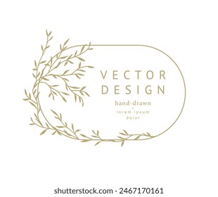 Elegant luxury floral frame with hand drawn silhouettes of branches, flowers and leaves. Wreath, border. Vector illustration for label, corporate identity, wedding invitation, save the date, logo