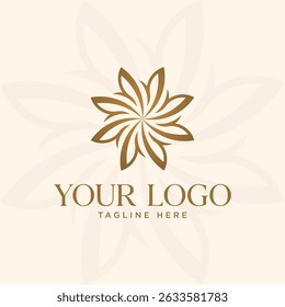 Elegant luxury floral logo with golden brown petals forming a circular mandala-like pattern. Perfect for spa, beauty, fashion, or premium branding. Clean and refined design evokes sophistication and c