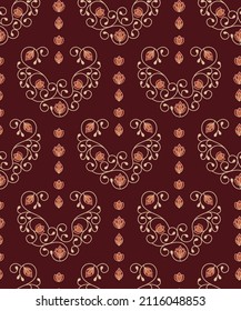 Elegant luxury floral seamless patterns with hearts and flowers. Chocolate brown background for textile, fabric manufacturing, wallpaper, covers, surface, print, gift wrap, scrapbooking.  Vintage styl