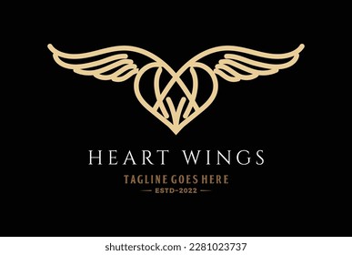 Elegant Luxury Flying Golden Heart Love Wings Logo Design