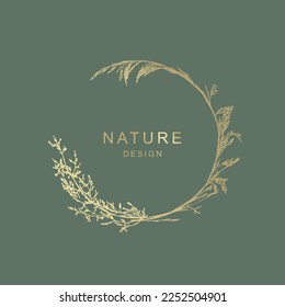 Elegant luxury frame, floral wreath, сircle monogram with hand drawn wild herbs and flowers. Vector vintage gold illustration for invitation or wedding decor, logo, labels, branding, business identity