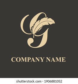 Elegant Luxury G Initial Letter with Feather for copywriter, storytelling, lawyer, story, fiction, legal logo vector design