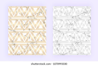 Elegant luxury geometric designs with marble texture, triangles, trendy gold lines. Template for design invitation, card, banner, wedding, baby shower, placard, poster, party, flyer, print advertising