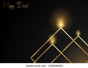 Elegant luxury gold Happy Diwali Indian lights festival black greeting card template. Hindu Diwali Golden ornament and candle light flame, burning oil lamps night effect, isolated on black background