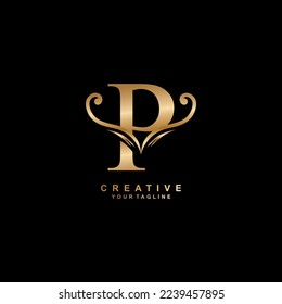 Elegant luxury gold letter P logo design with creative unique flourish ornament. modern P icon. suitable for business, company, brand. promotion, boutique, hotel, restaurant, etc