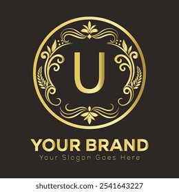 Elegant Luxury Gold Logo Design U with Customizable Brand Initials and Slogan in Ornate Style  