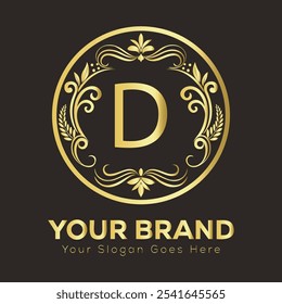 Elegante luxuoso design de logotipo de ouro D com iniciais de marca personalizáveis e slogan em estilo original  