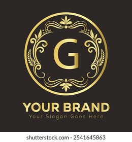 Elegant Luxury Gold Logo Design G with Customizable Brand Initials and Slogan in Ornate Style  