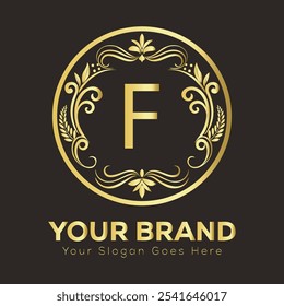 Elegante luxo Gold Logo Design F com iniciais de marca personalizáveis e Slogan em estilo original  